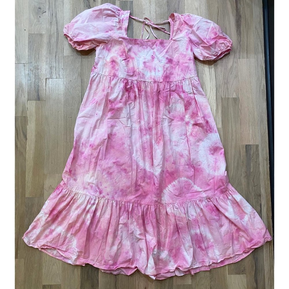 H&M - COTTON POPLIN PUFF SLEEVE SQUARE NECK MIDI DRESS - PINK DYE TECH - LARGE